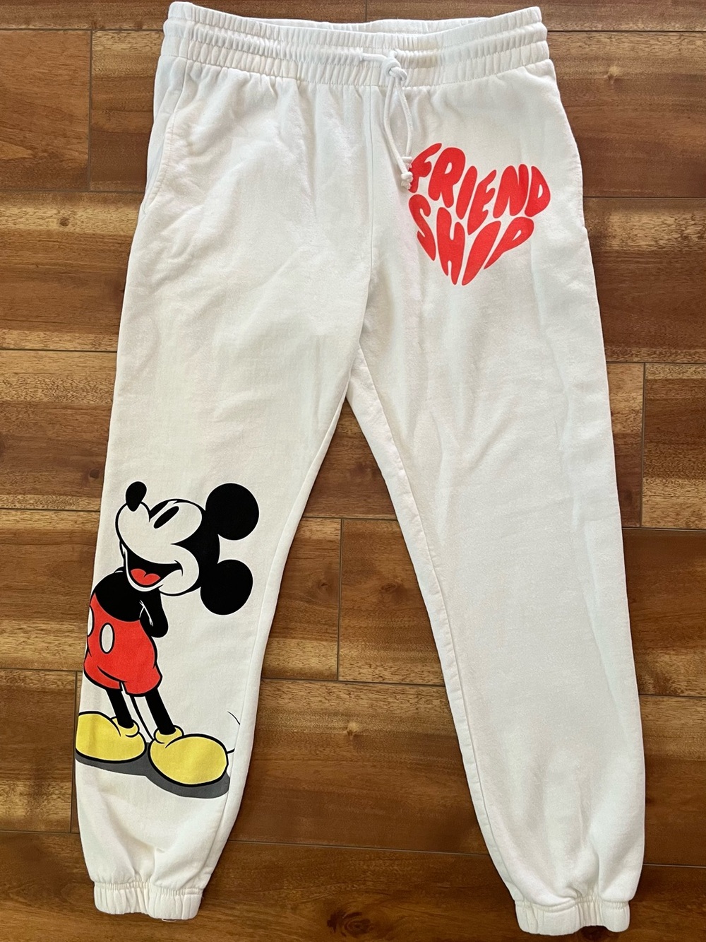 Disney White Sweatpants with Mickey and Red 'Friendship' Heart